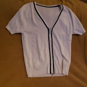 White V-Neck Zip-Up Women's Top